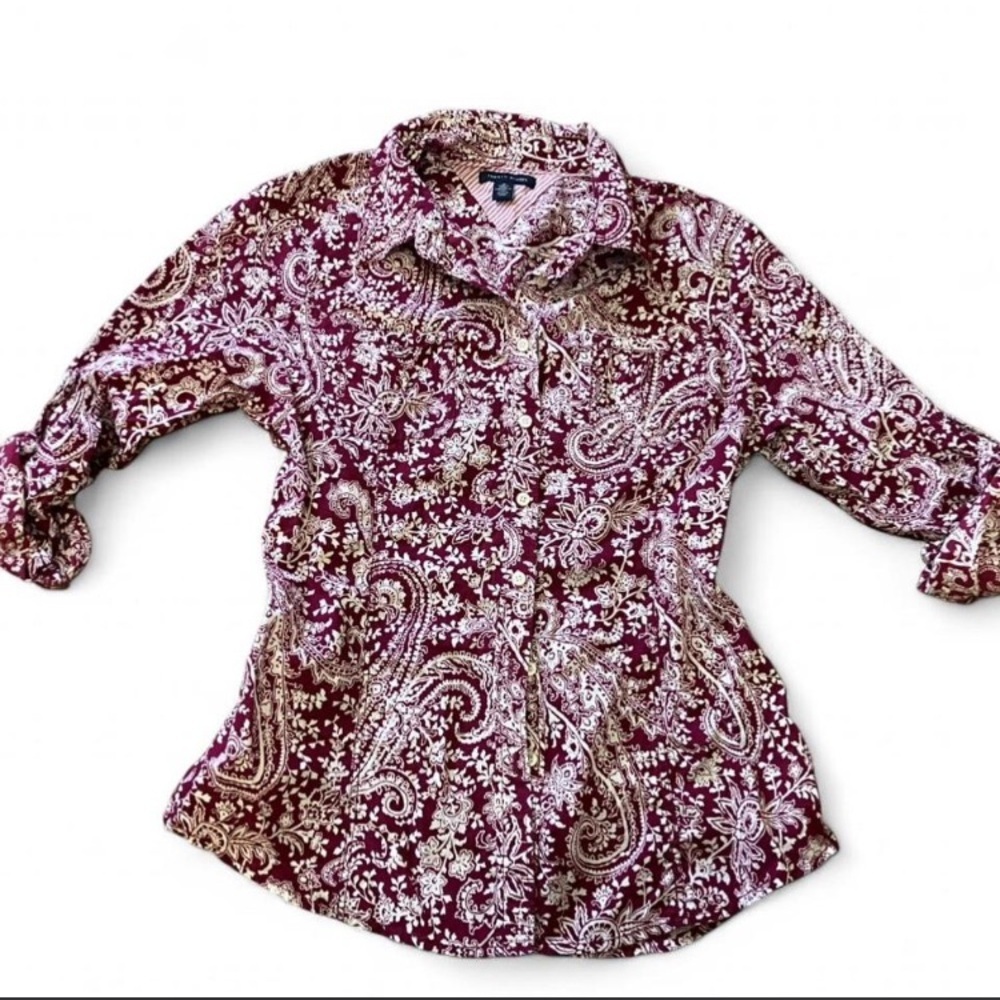Tommy Hilfiger Burgundy Paisley ButtonUp Half Sleeve Size Medium Shirt - Picture 3 of 4